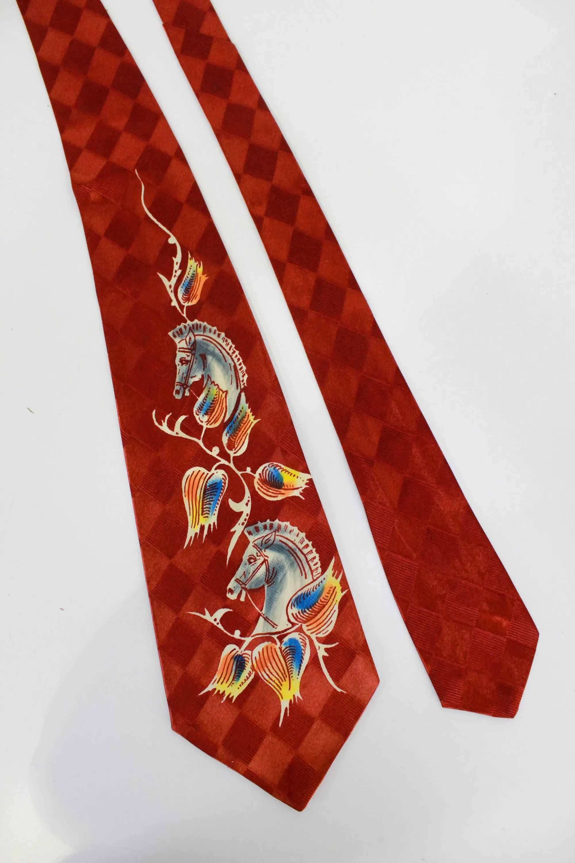 1940s Novelty Swing Necktie, Hand Painted Horse Rayon Bold Look