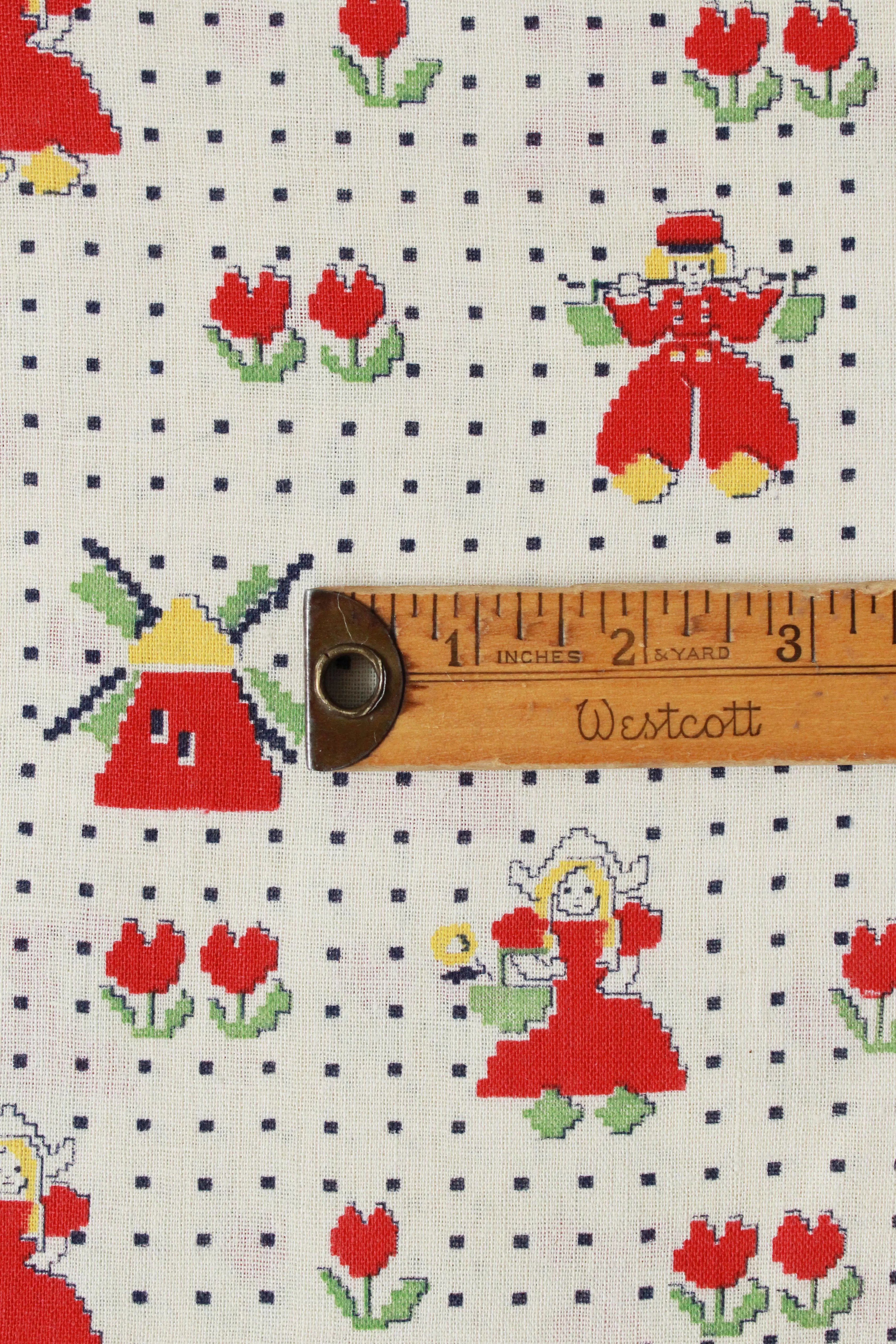 1940s Tulip Feedsack, Man, Woman, Windmill Print, Red/yellow/Green, Vintage Fabric