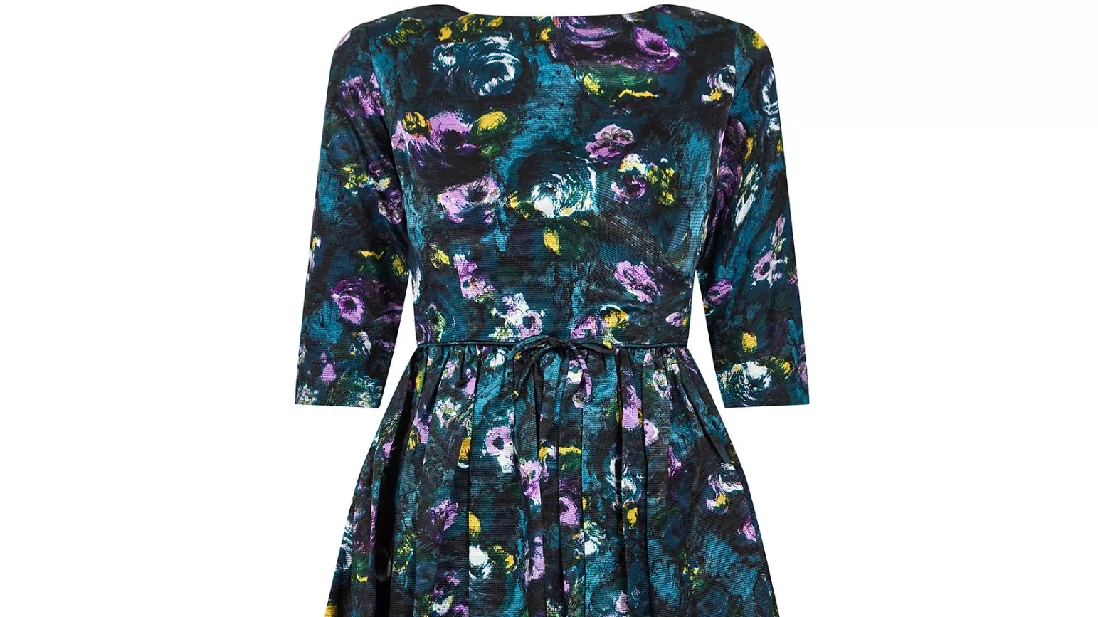 1960s Teal Blue Floral Three Quarter Sleeve Dress