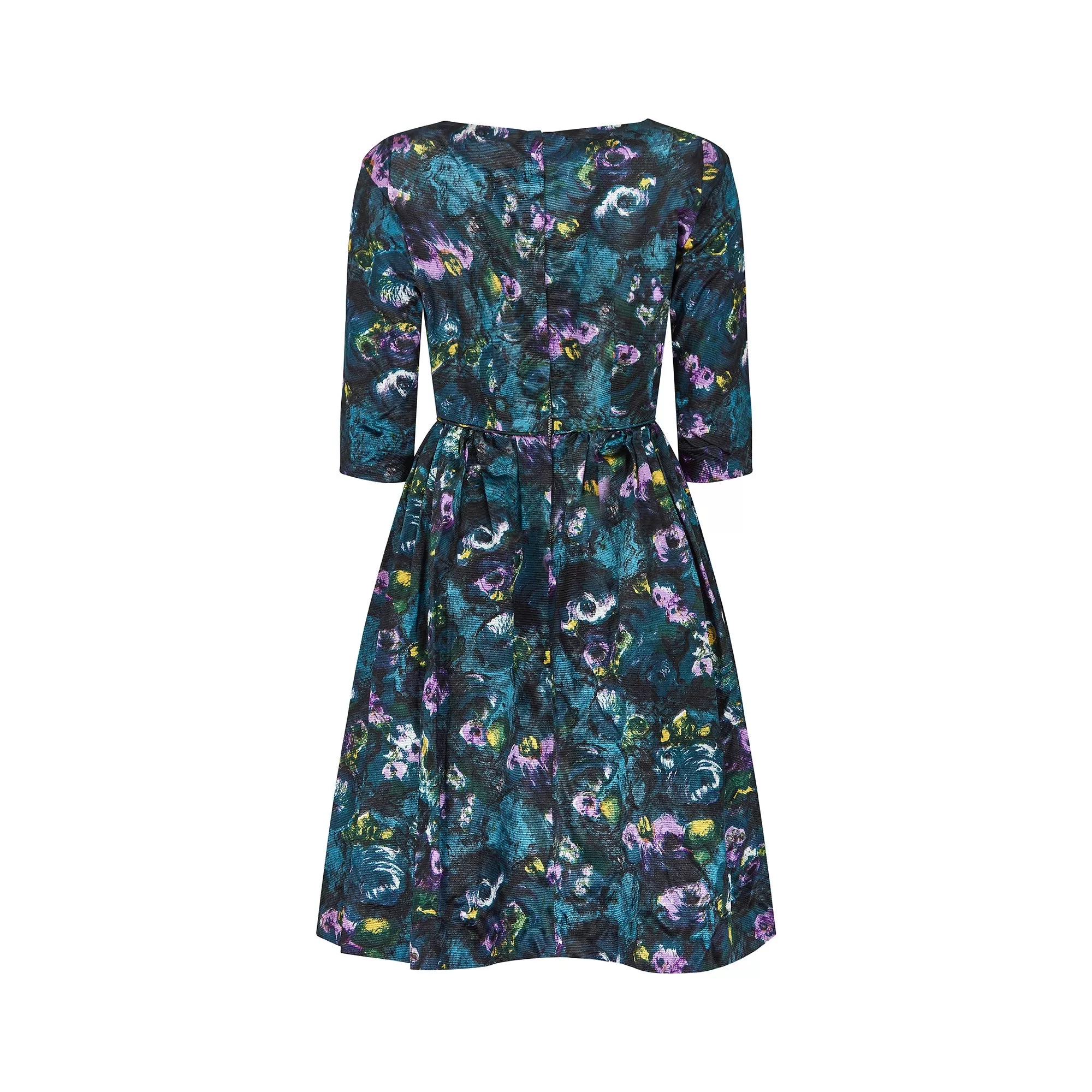 1960s Teal Blue Floral Three Quarter Sleeve Dress