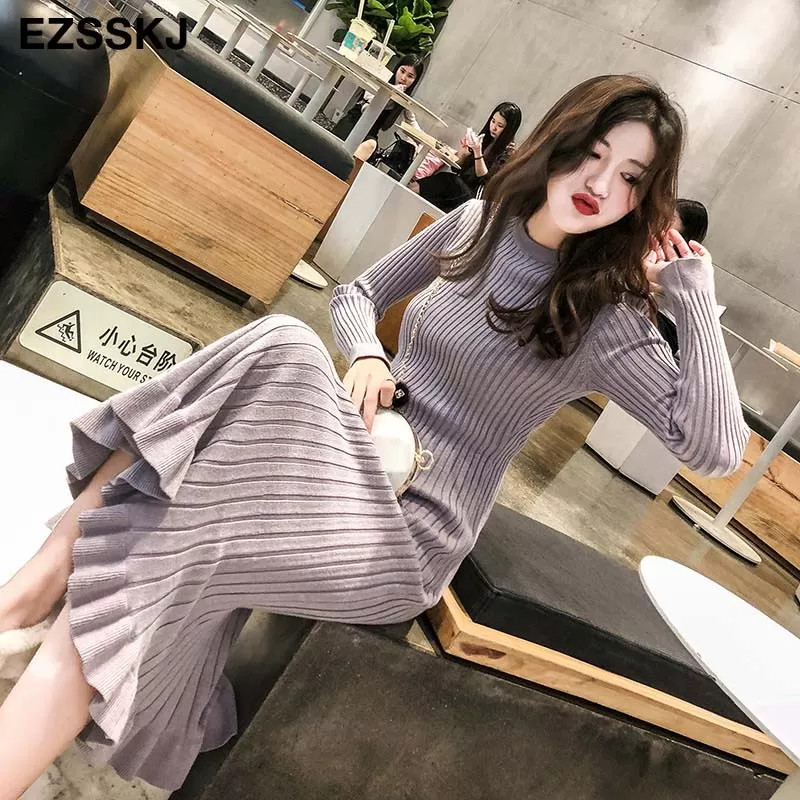 2022 Autumn Winter Thick Mermaid Maxi Sweater Dress Women O-Neck Long Sweater Dress Elegant Female A