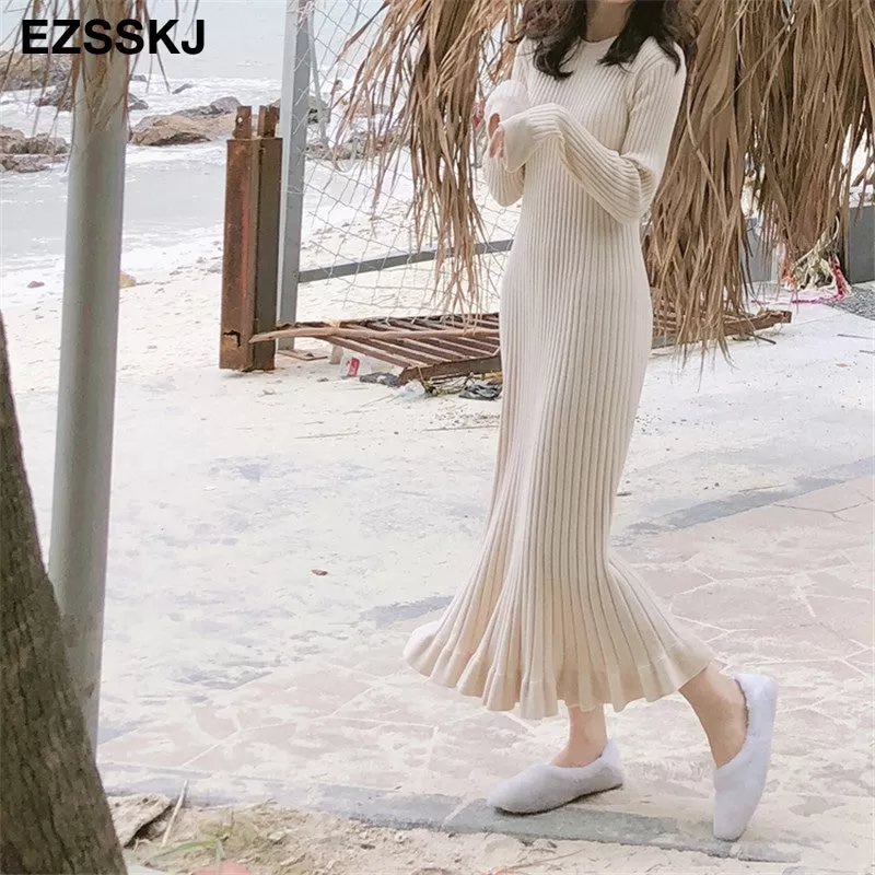 2022 Autumn Winter Thick Mermaid Maxi Sweater Dress Women O-Neck Long Sweater Dress Elegant Female A