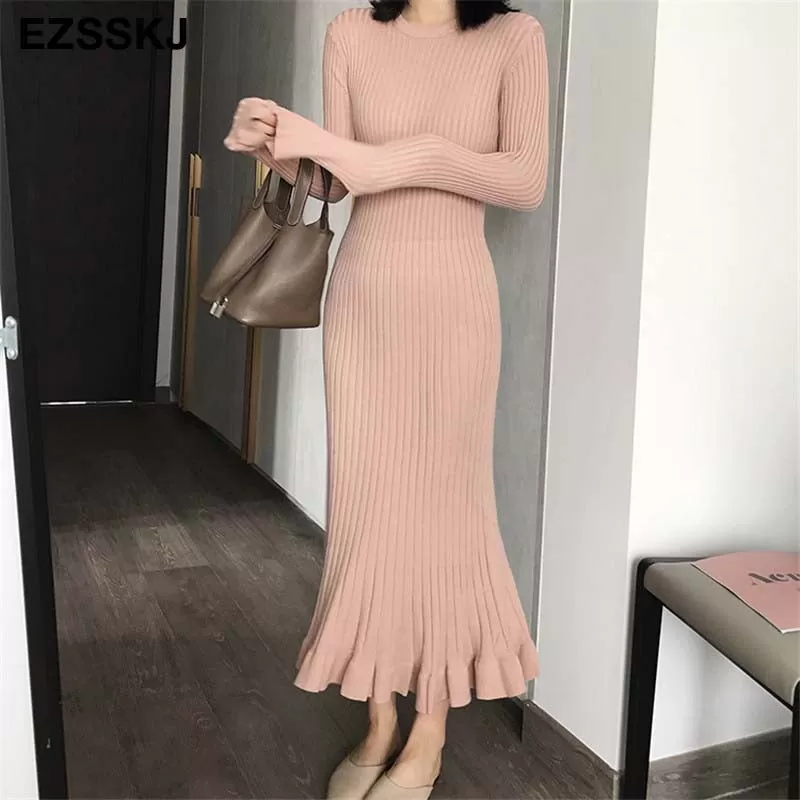 2022 Autumn Winter Thick Mermaid Maxi Sweater Dress Women O-Neck Long Sweater Dress Elegant Female A