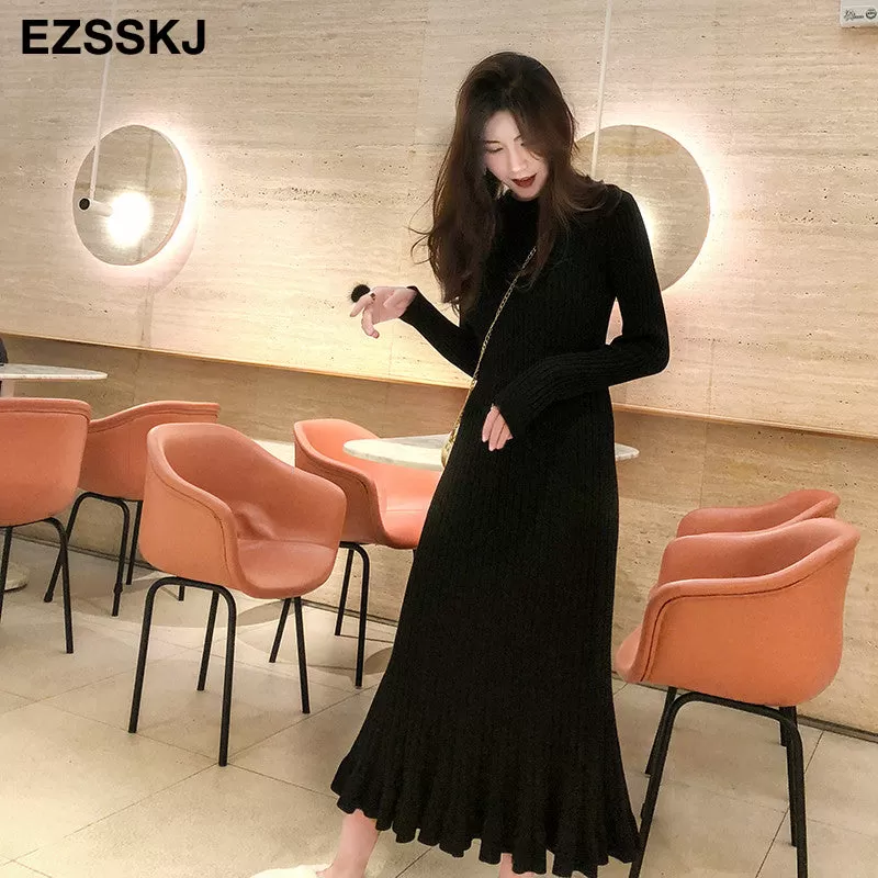 2022 Autumn Winter Thick Mermaid Maxi Sweater Dress Women O-Neck Long Sweater Dress Elegant Female A