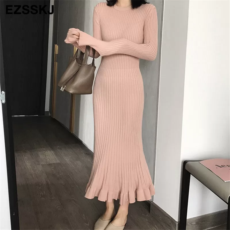 2022 Autumn Winter Thick Mermaid Maxi Sweater Dress Women O-Neck Long Sweater Dress Elegant Female A