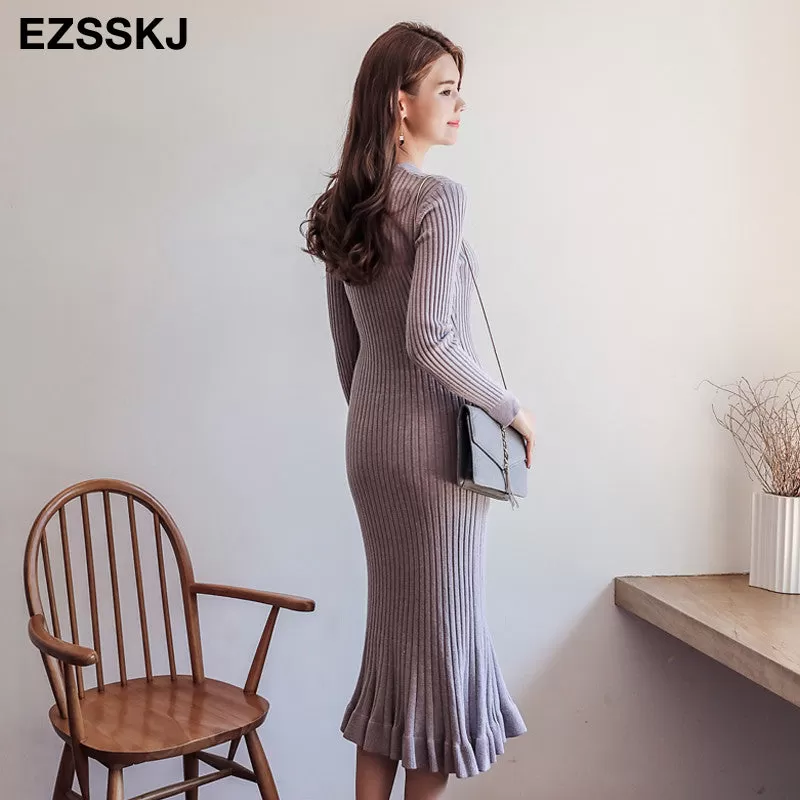 2022 Autumn Winter Thick Mermaid Maxi Sweater Dress Women O-Neck Long Sweater Dress Elegant Female A