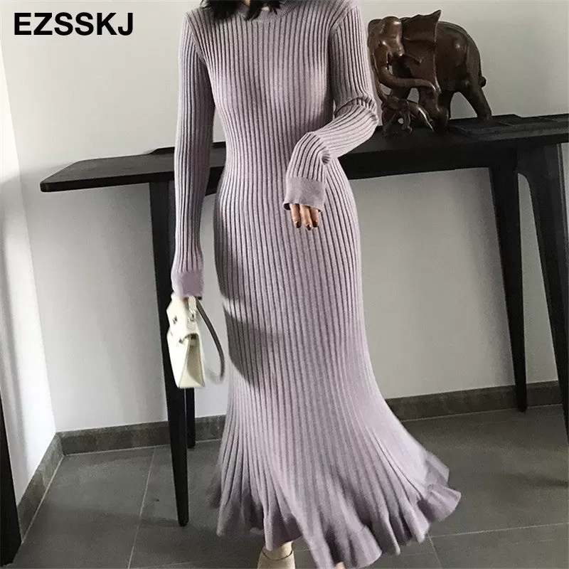 2022 Autumn Winter Thick Mermaid Maxi Sweater Dress Women O-Neck Long Sweater Dress Elegant Female A