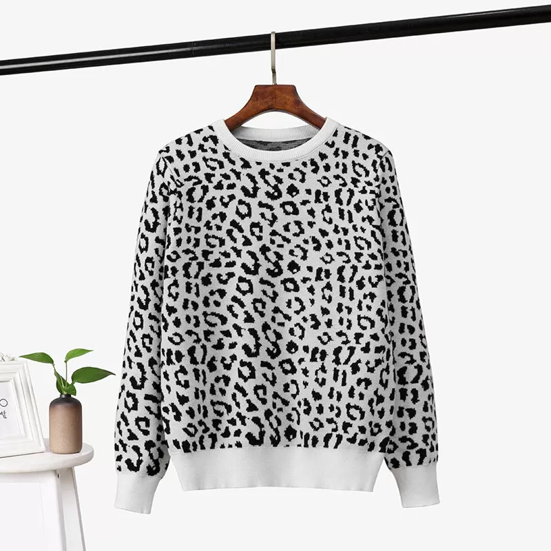 2022 Autumn Women O-Neck Pullovers Leopard Print Women Vintage Sweater Knitting Women Winter Sweater