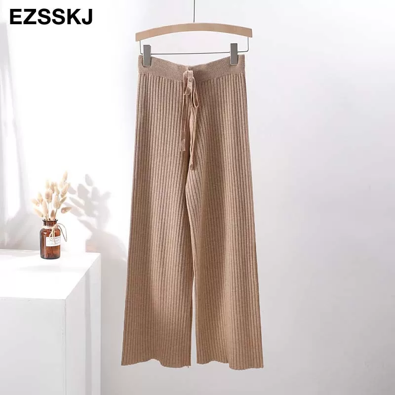 2023 Autumn Winter New Casual Straight Pants Women Female Drawstring Loose High Waist Knitted Wide L