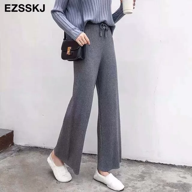 2023 Autumn Winter New Casual Straight Pants Women Female Drawstring Loose High Waist Knitted Wide L