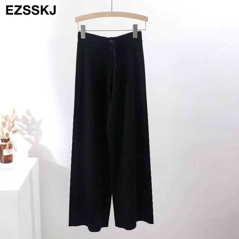 2023 Autumn Winter New Casual Straight Pants Women Female Drawstring Loose High Waist Knitted Wide L