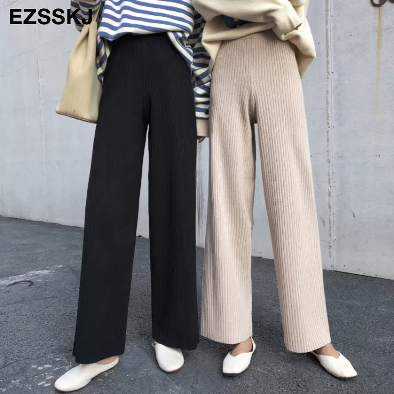 2023 Autumn Winter New Casual Straight Pants Women Female Drawstring Loose High Waist Knitted Wide L