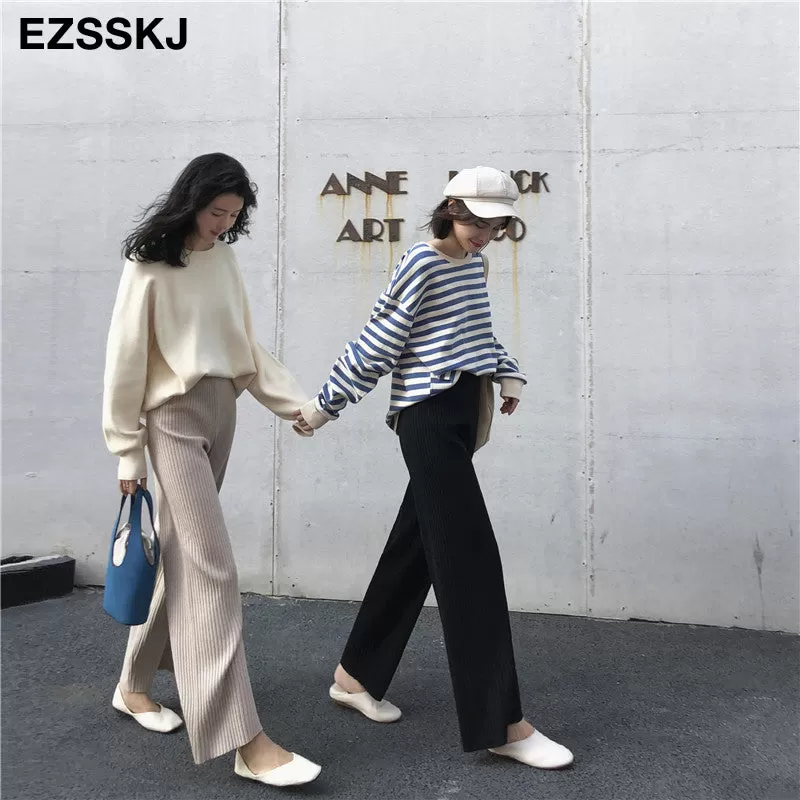 2023 Autumn Winter New Casual Straight Pants Women Female Drawstring Loose High Waist Knitted Wide L