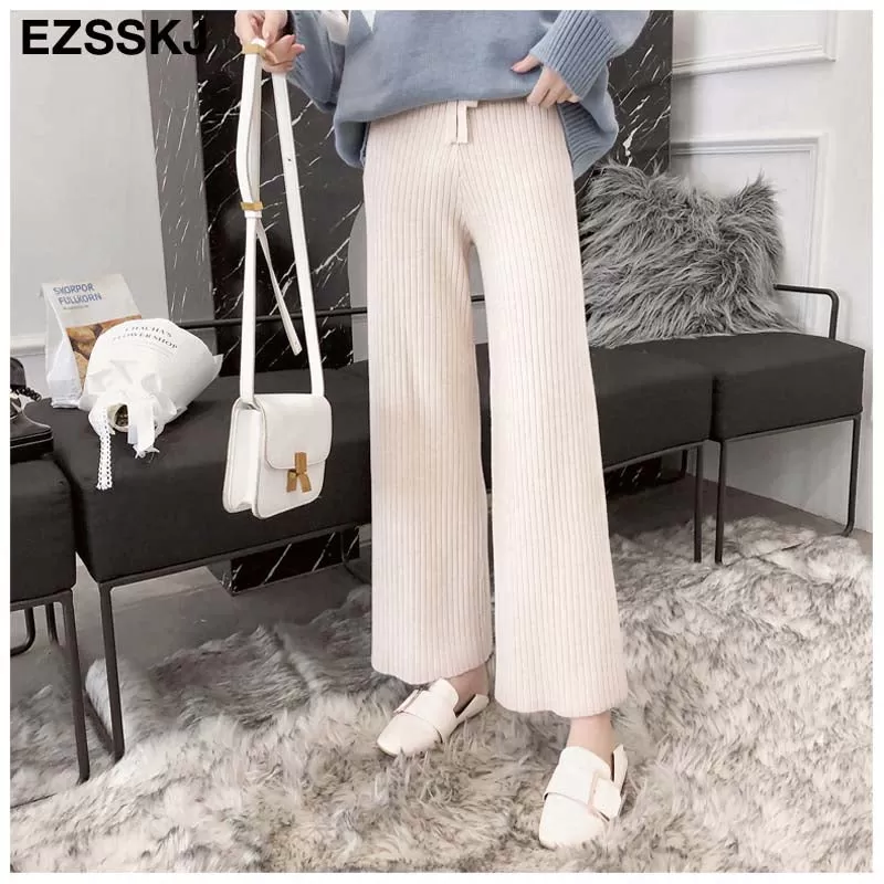 2023 Autumn Winter New Casual Straight Pants Women Female Drawstring Loose High Waist Knitted Wide L