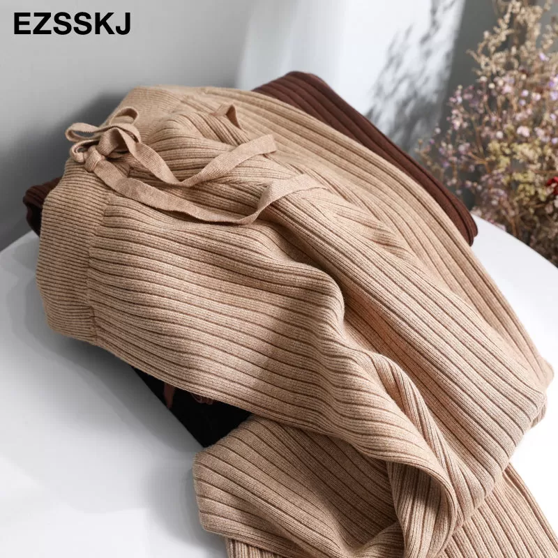 2023 Autumn Winter New Casual Straight Pants Women Female Drawstring Loose High Waist Knitted Wide L