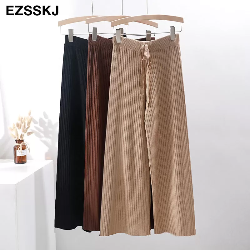 2023 Autumn Winter New Casual Straight Pants Women Female Drawstring Loose High Waist Knitted Wide L