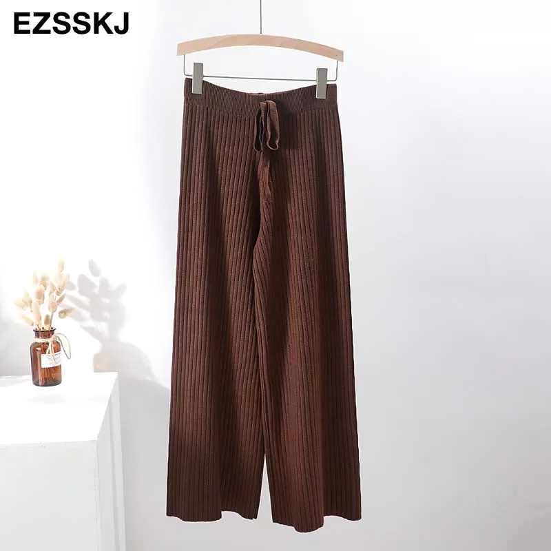 2023 Autumn Winter New Casual Straight Pants Women Female Drawstring Loose High Waist Knitted Wide L