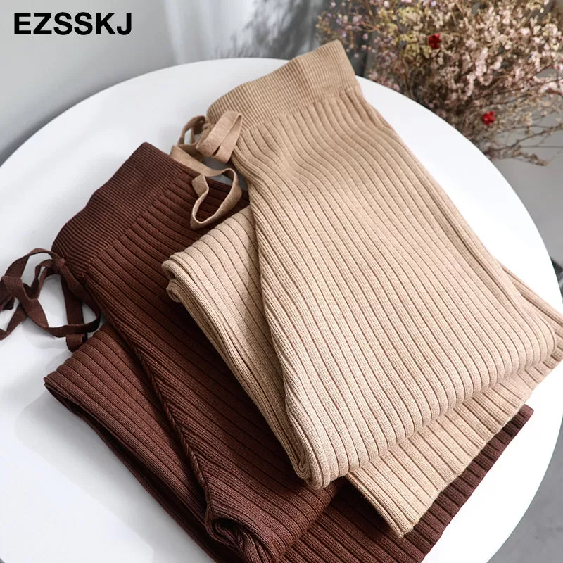 2023 Autumn Winter New Casual Straight Pants Women Female Drawstring Loose High Waist Knitted Wide L