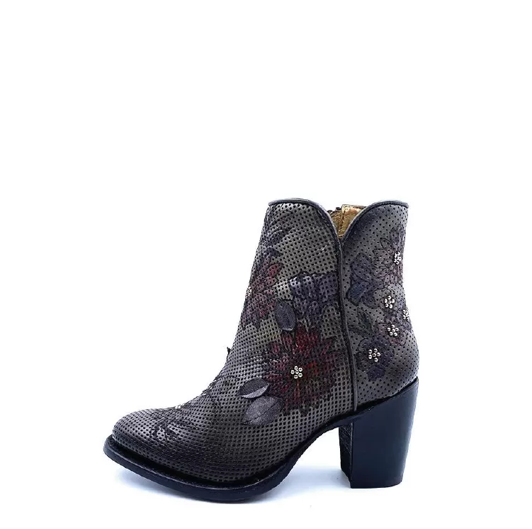 3W06RS - Cuadra gray western cowgirl floral leather ankle boots for women