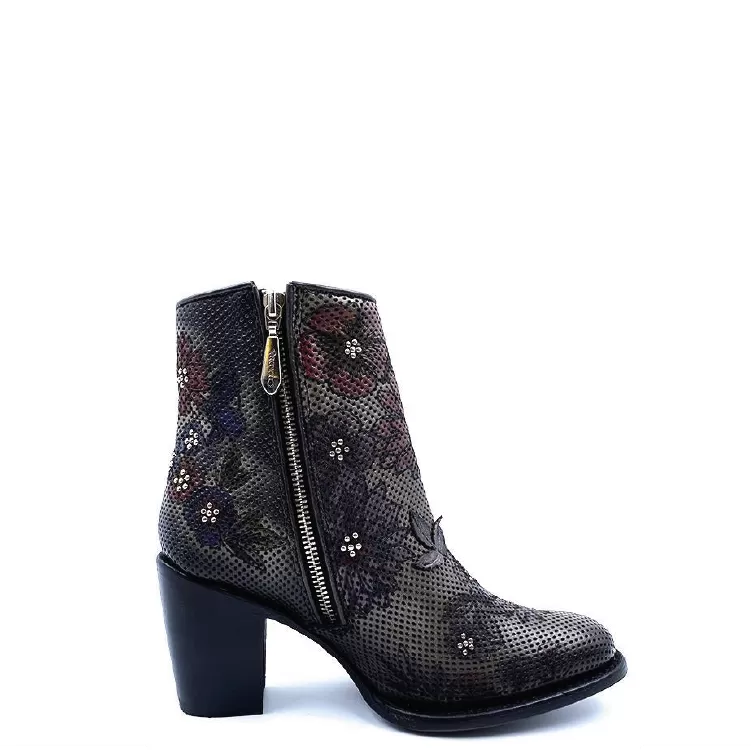 3W06RS - Cuadra gray western cowgirl floral leather ankle boots for women