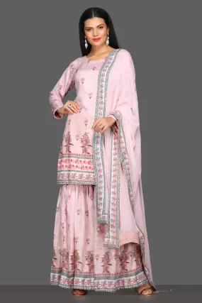 50Z107-NRO Powder Pink Floral Embroidered Gharara Suit with Dupatta