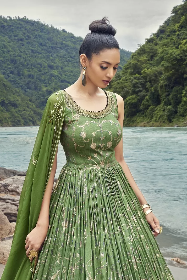 510007-RO Green Georgette Anarkali Suit with Dupatta