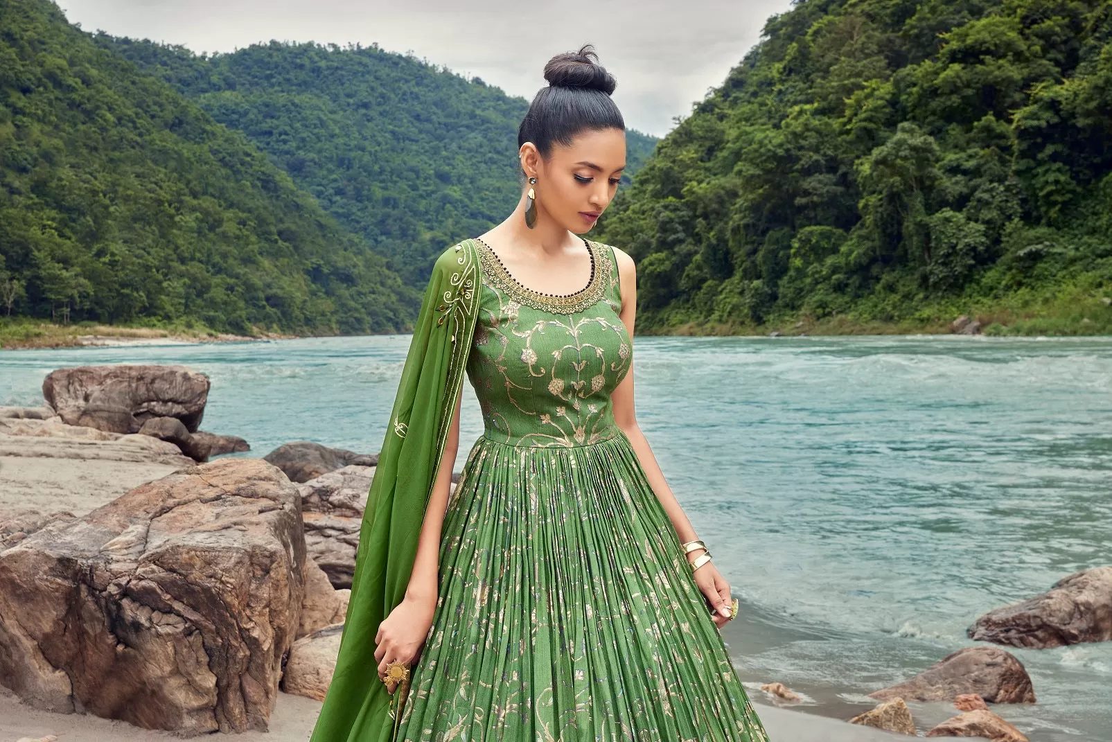 510007-RO Green Georgette Anarkali Suit with Dupatta