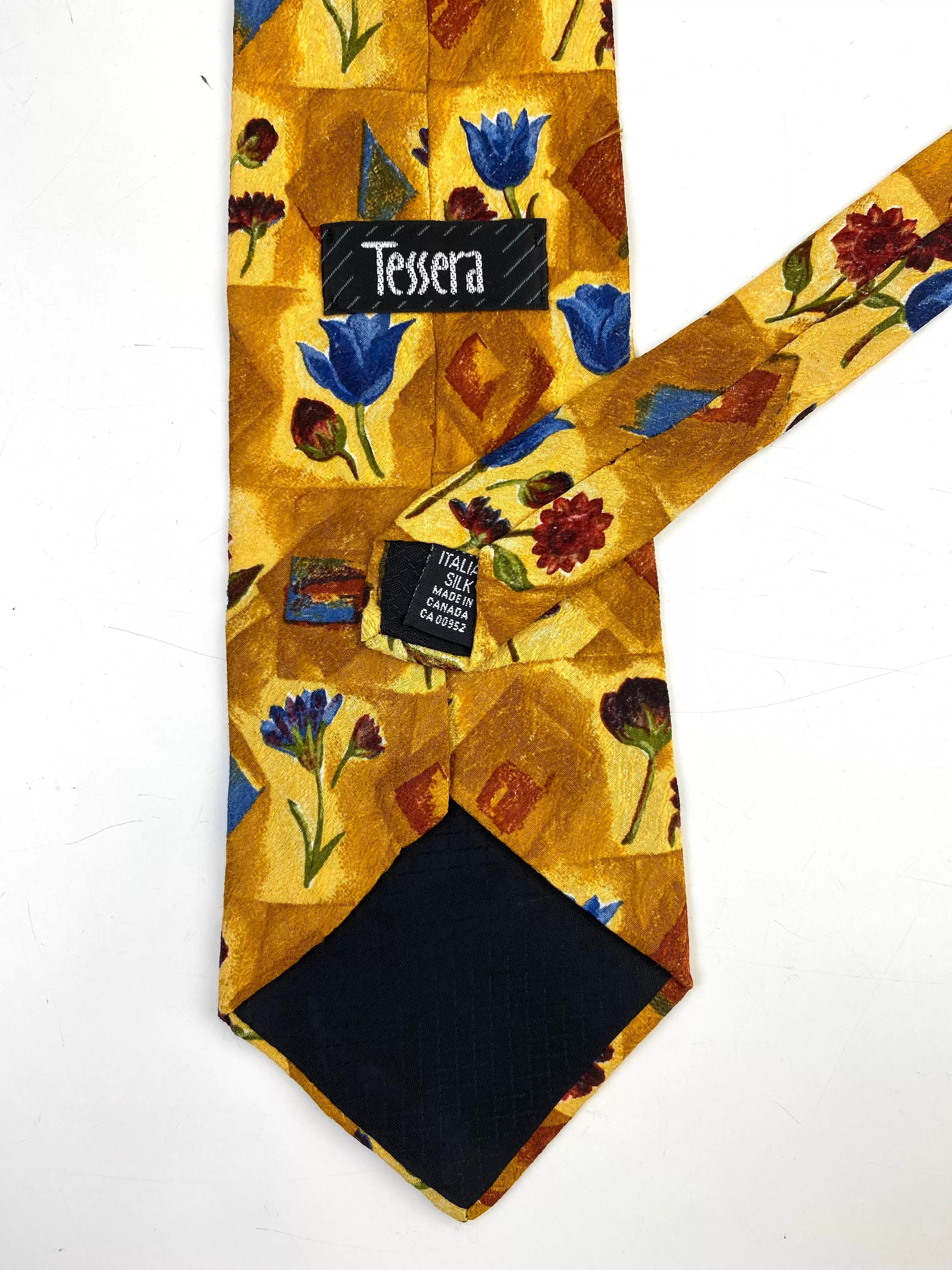 90s Deadstock Silk Necktie, Men's Vintage Blue Tulip/ Red Daisy Floral Pattern Gold Tie, NOS