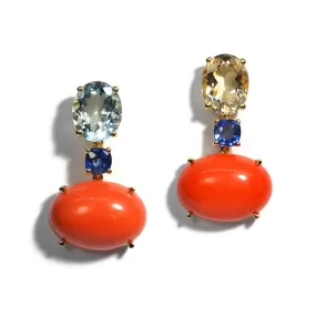 A & Furst - Party - Drop Earrings with Aquamarine, Heliodor, Sapphires and Natural Red Coral, 18k Yellow Gold