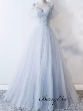 A-line Tulle Grey Wedding Dresses, Off The Shoulder Wedding Dresses, Beaded Wedding Dresses