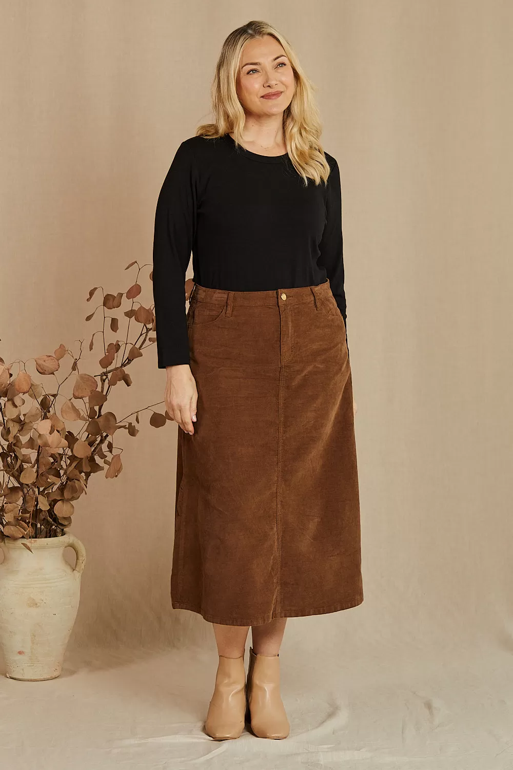 Adrift A-Line Brushed Cotton Skirt in Chocolate