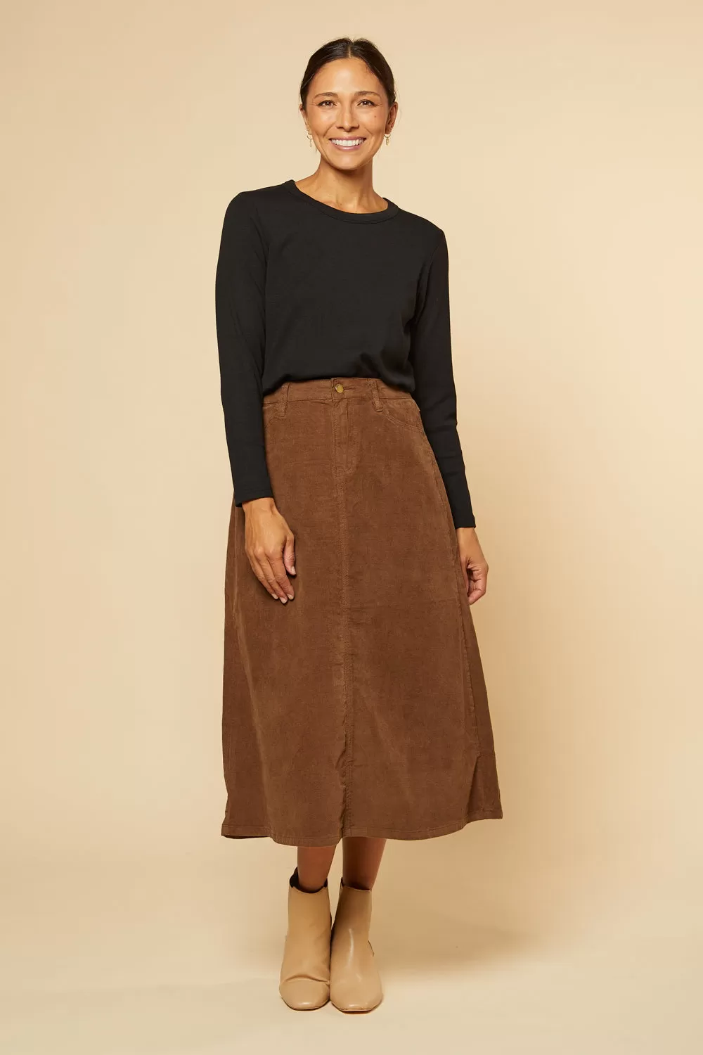 Adrift A-Line Brushed Cotton Skirt in Chocolate