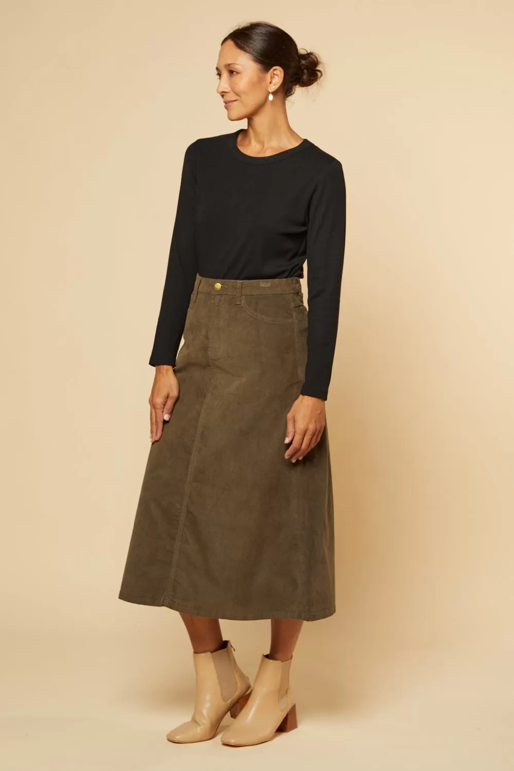 Adrift A-Line Brushed Cotton Skirt in Olive