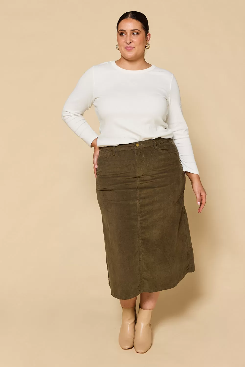 Adrift A-Line Brushed Cotton Skirt in Olive