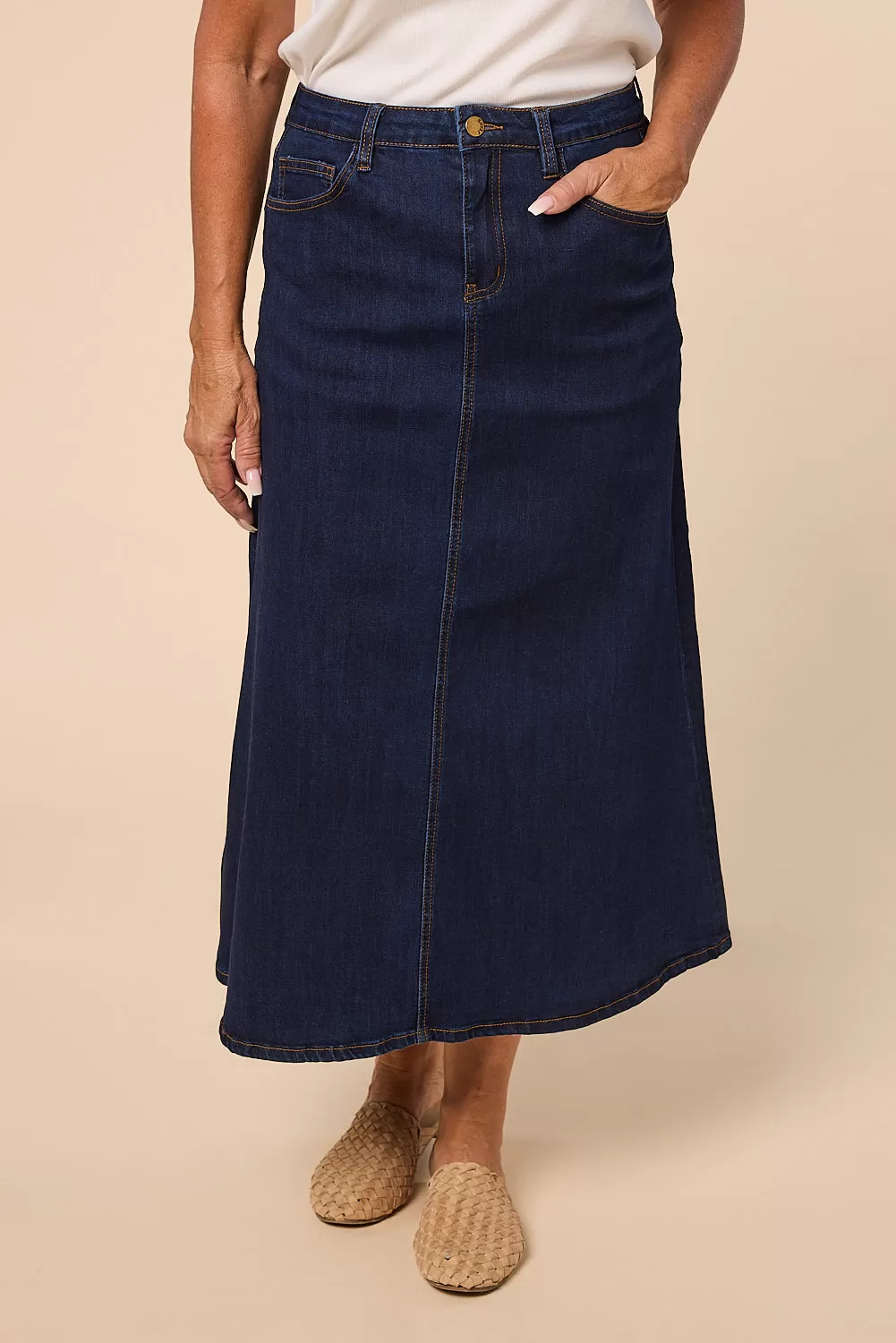 Adrift Denim A-Line Skirt in Dark Wash