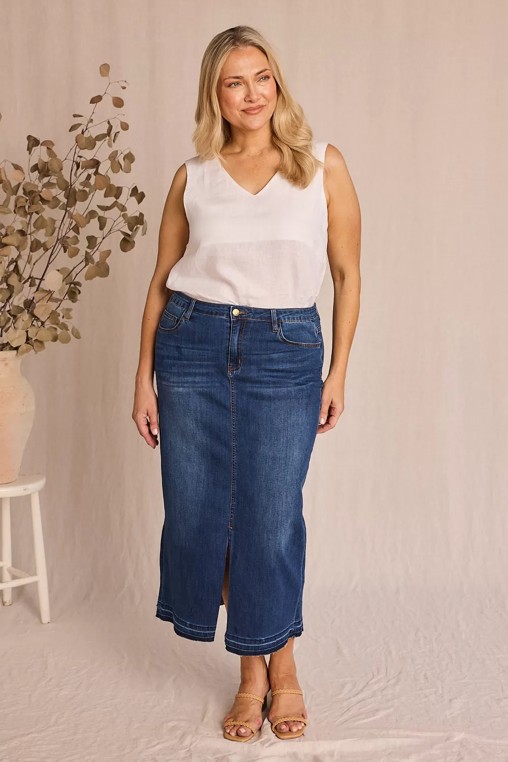 Adrift Denim Long Split Skirt in Mid Wash