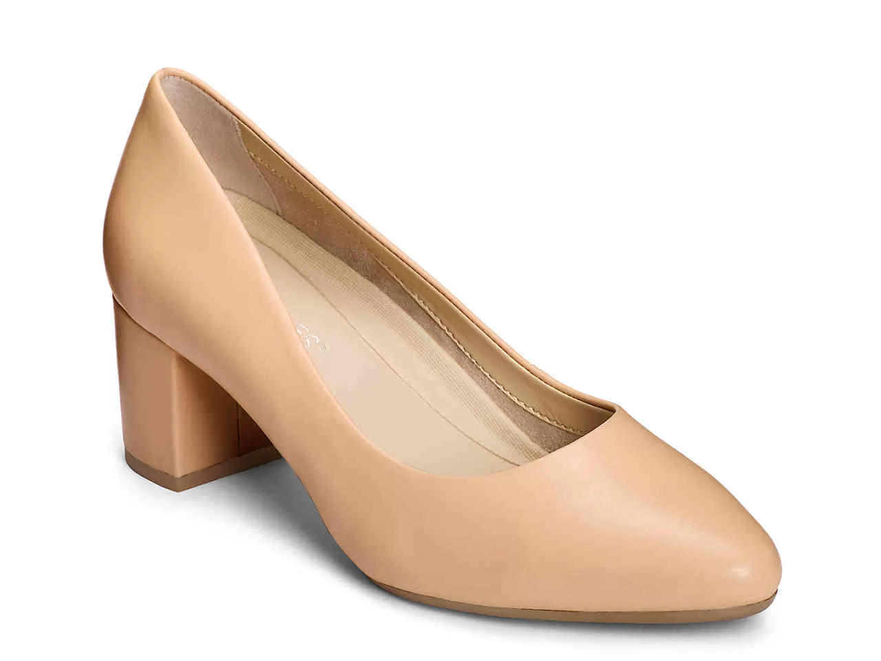 Aerosoles Light Tan Slip On Comfortable Almond Toe Covered Stacked Heel Pumps