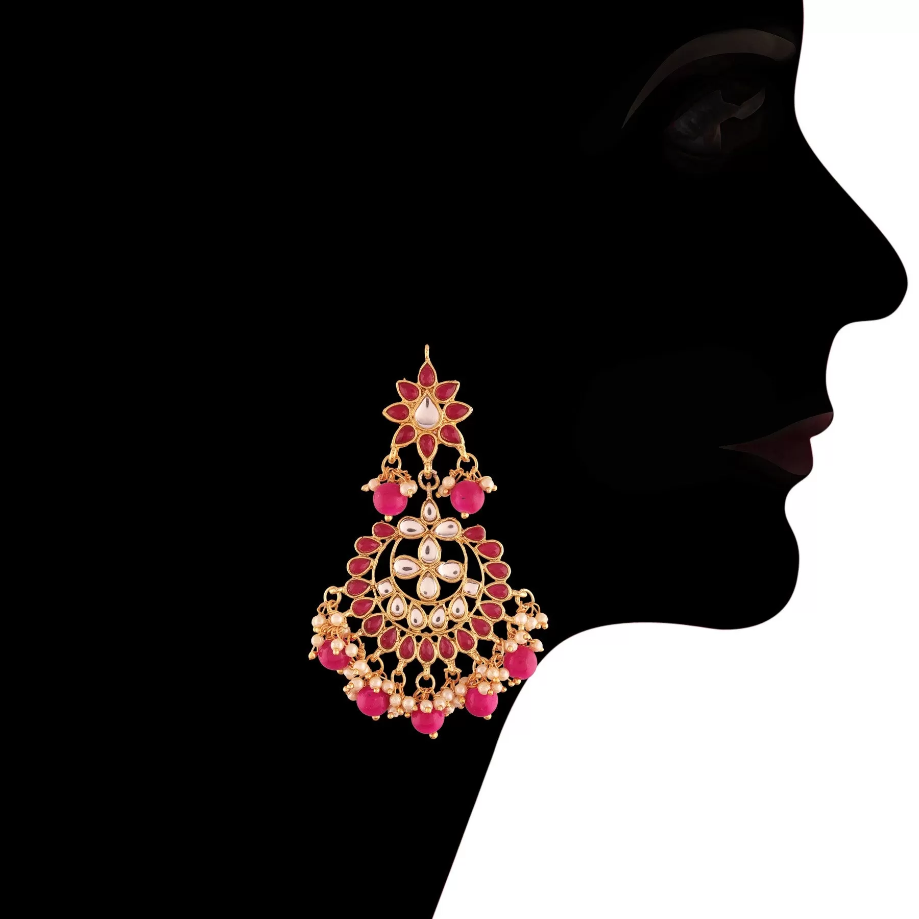 Alloy Necklace Set with Maang Tikka in Pink