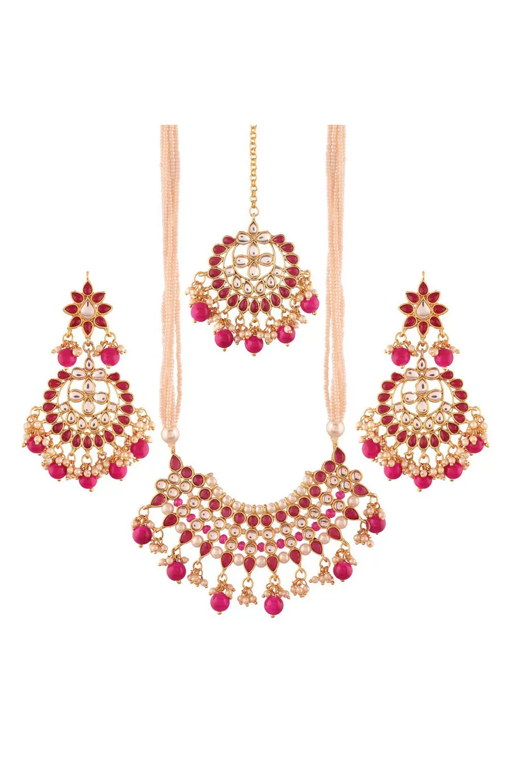 Alloy Necklace Set with Maang Tikka in Pink