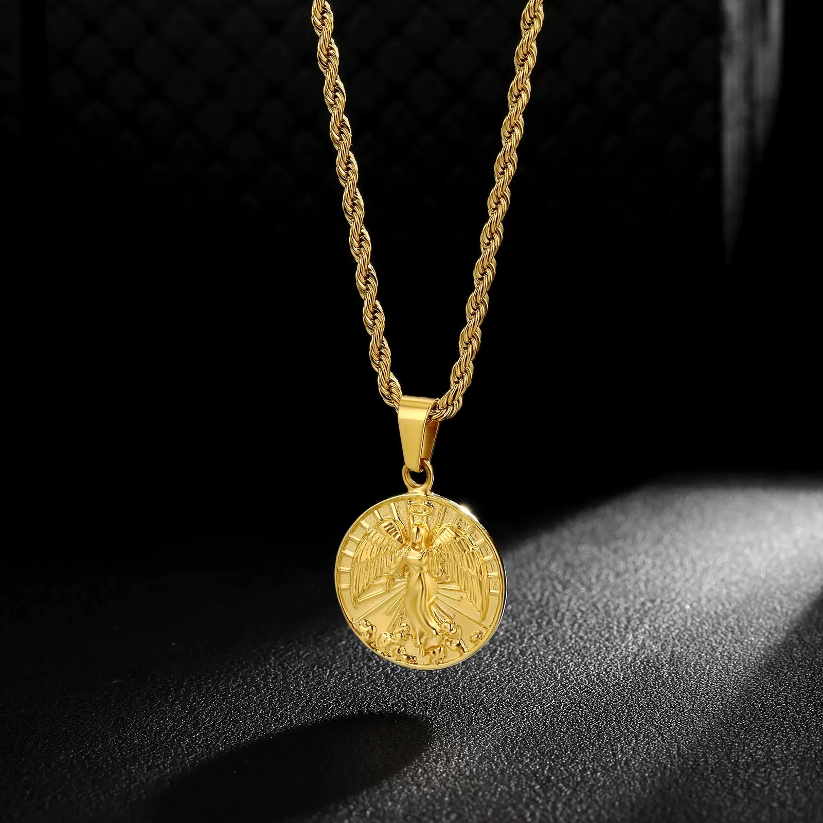 Angle Wing Gold Coin Pendant Necklace with Rope Chain for Men