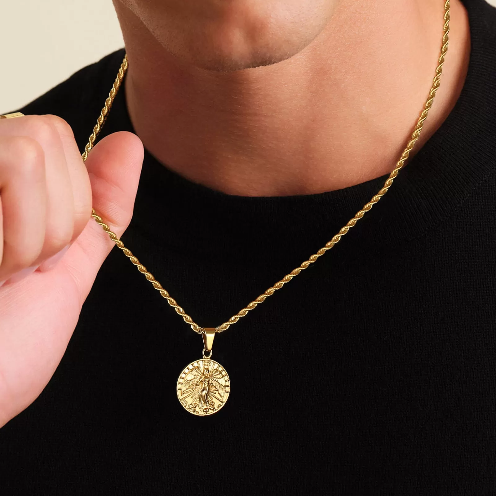 Angle Wing Gold Coin Pendant Necklace with Rope Chain for Men