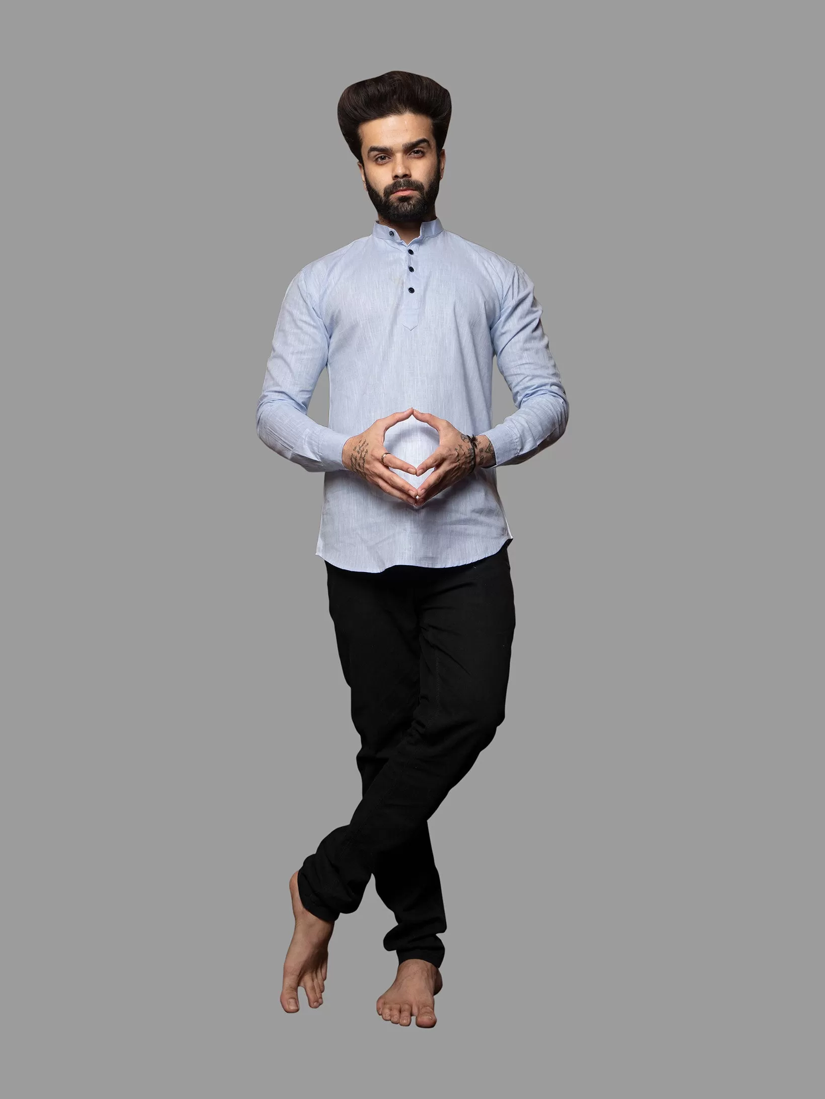 Aqua Blue Cotton Linen Mandarin Collar Kurta Shirt