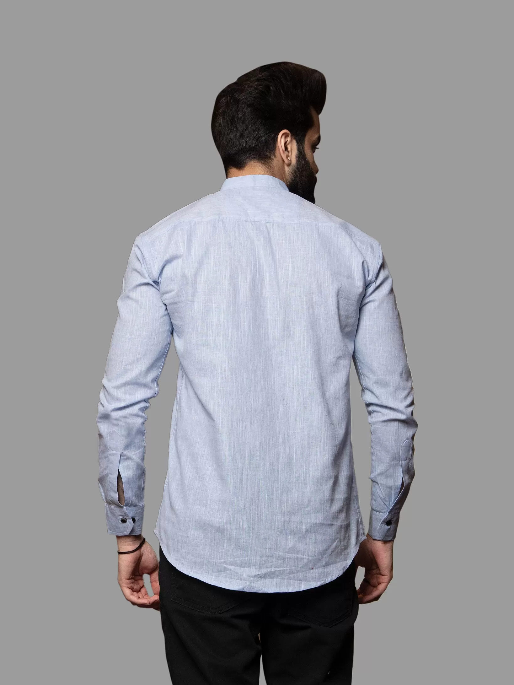 Aqua Blue Cotton Linen Mandarin Collar Kurta Shirt