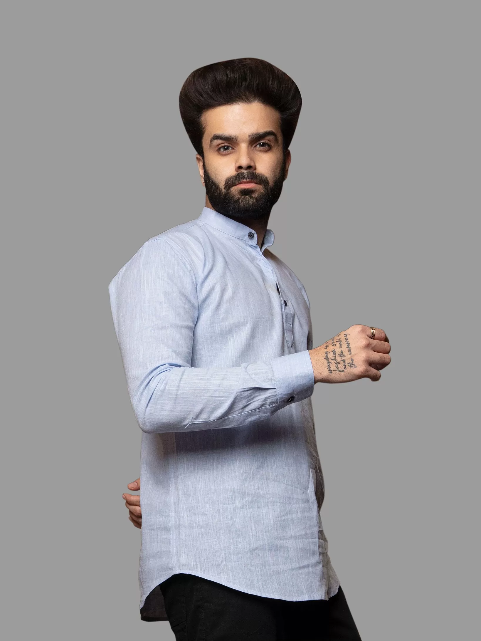 Aqua Blue Cotton Linen Mandarin Collar Kurta Shirt