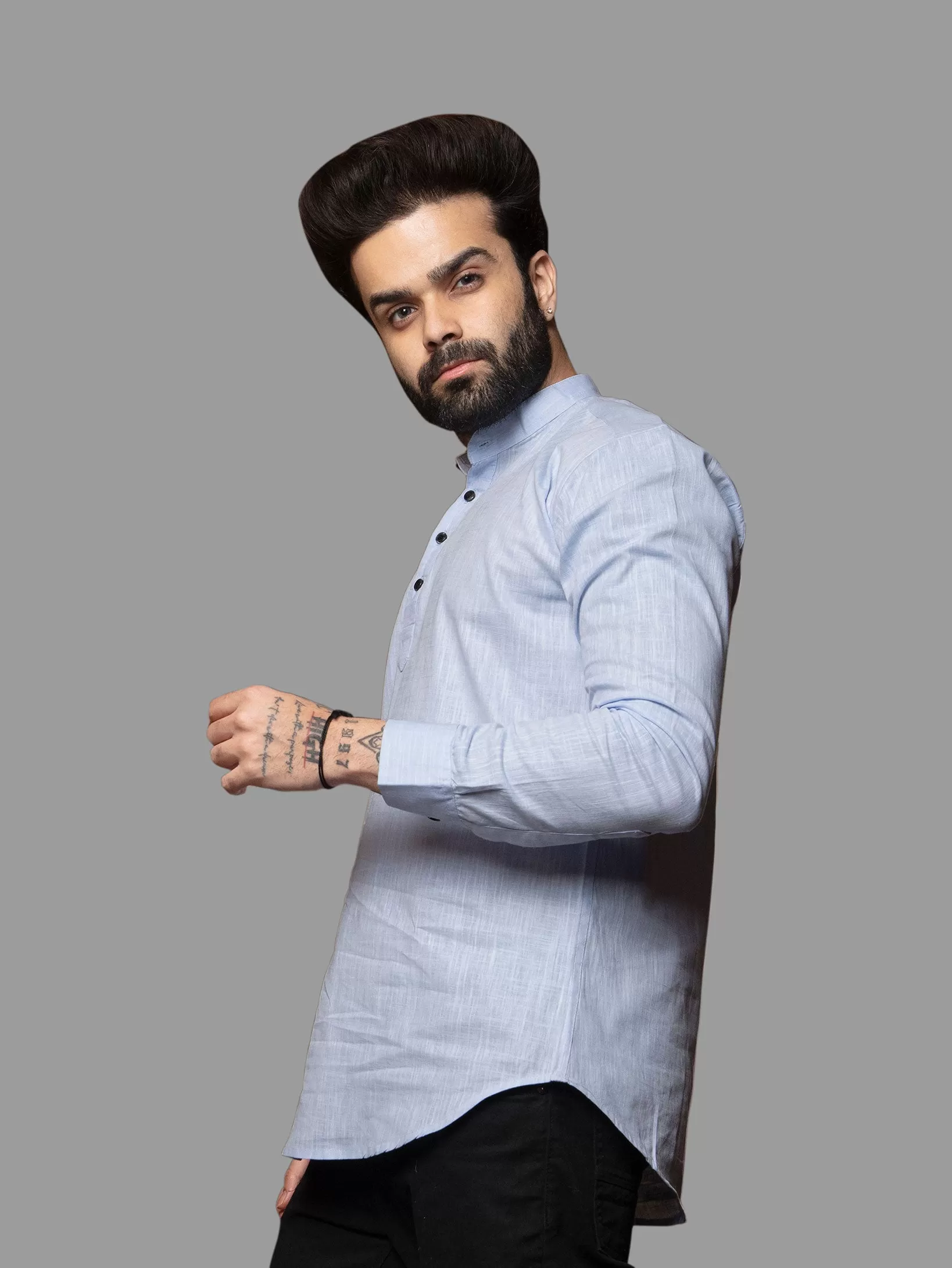 Aqua Blue Cotton Linen Mandarin Collar Kurta Shirt