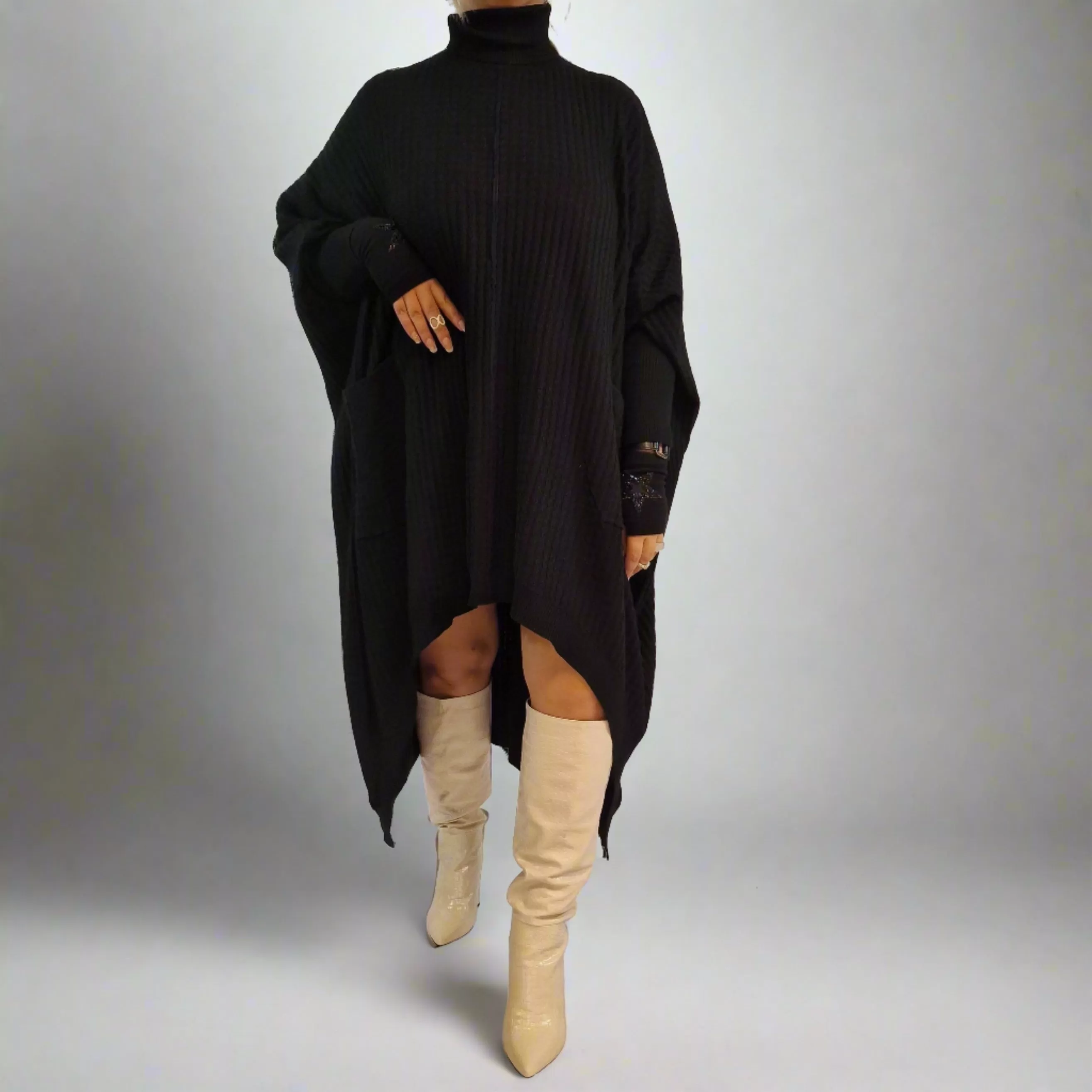 Asymmetrical Knitted Pullover Dress with Turtleneck