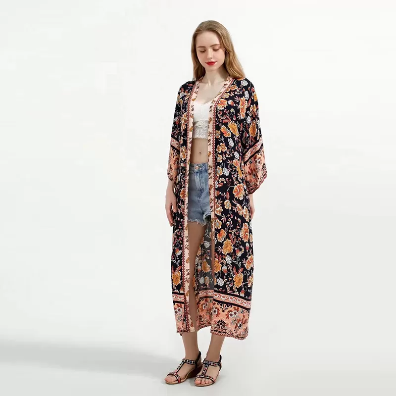 Beachwear Floral Print Black Color Cotton Long Length Gown Kimono Duster Robe