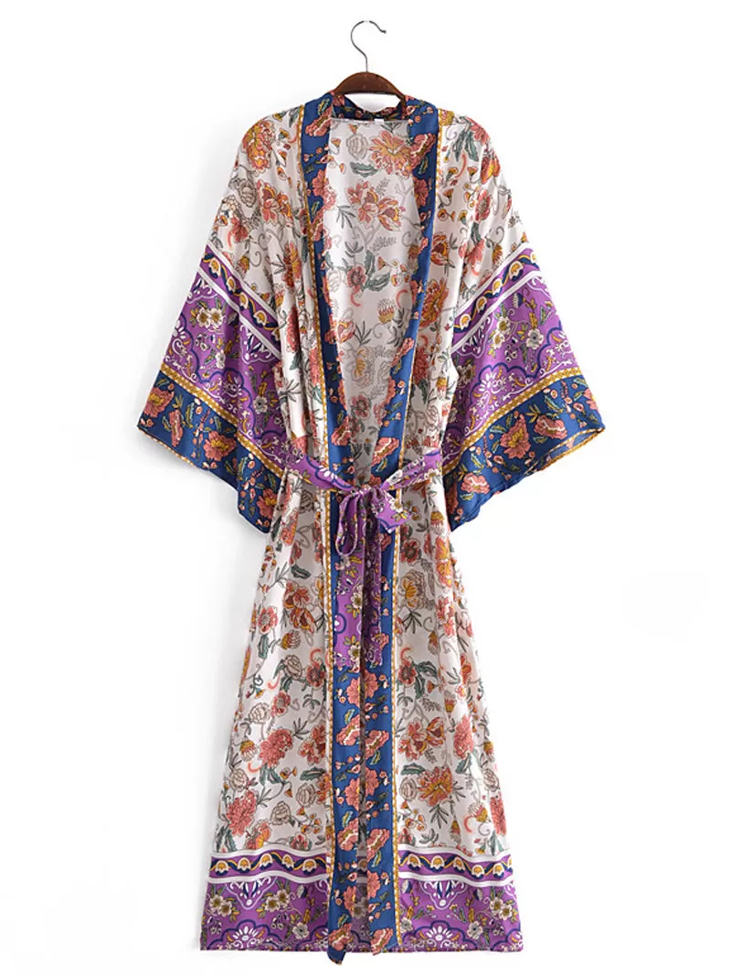 Beachwear Floral Print Purple Color Cotton Long Length Gown Kimono Duster Robe