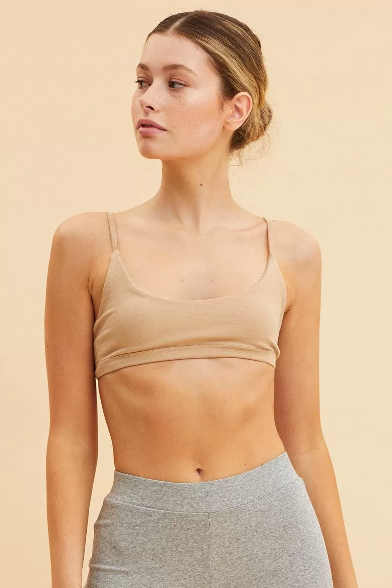 Beige Cotton Bralette Cotton Stretch Scoop Neck