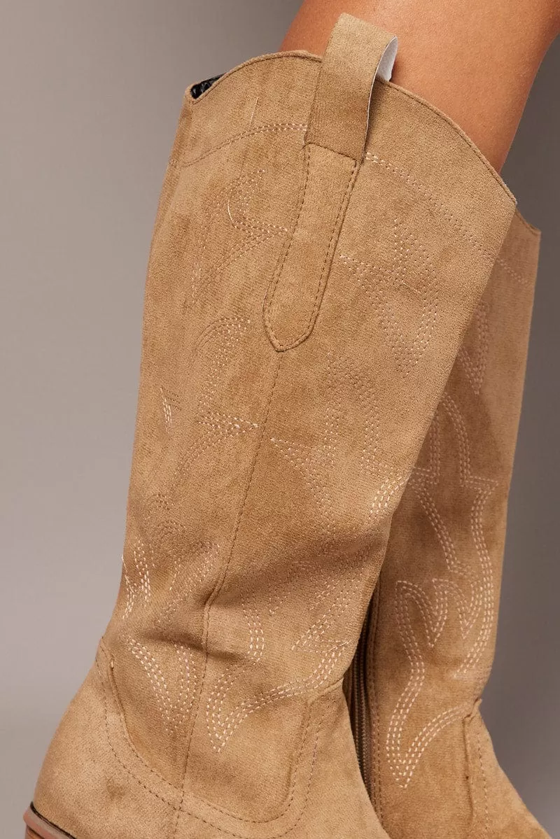 Beige Embroidered Western Boots